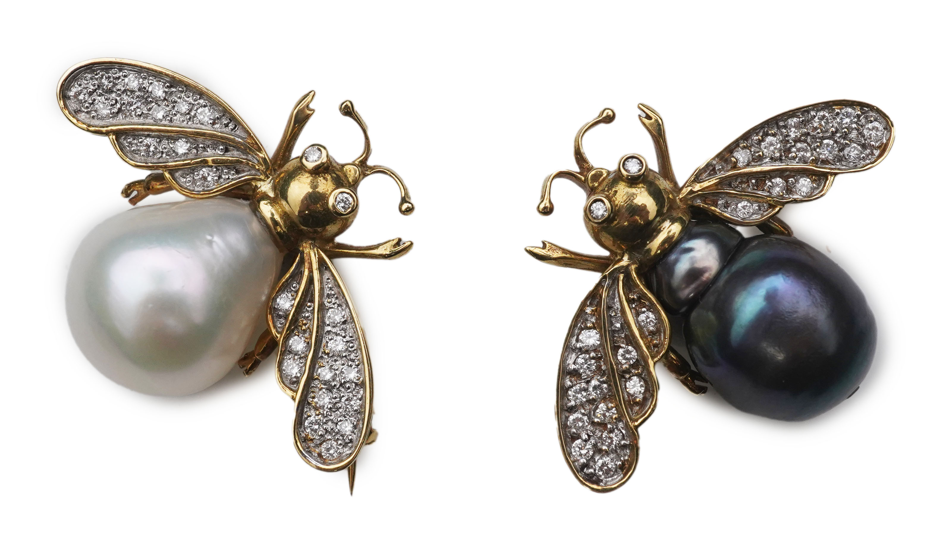 Deakin & Francis, a pair of 18ct gold, cultured pearl and diamond brooches